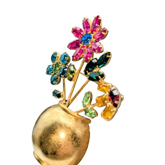 VTG Mid-Century Multi-Color Glass Stone Flowers in Gold Tone Flower Pot Brooch - Picture 3 of 9